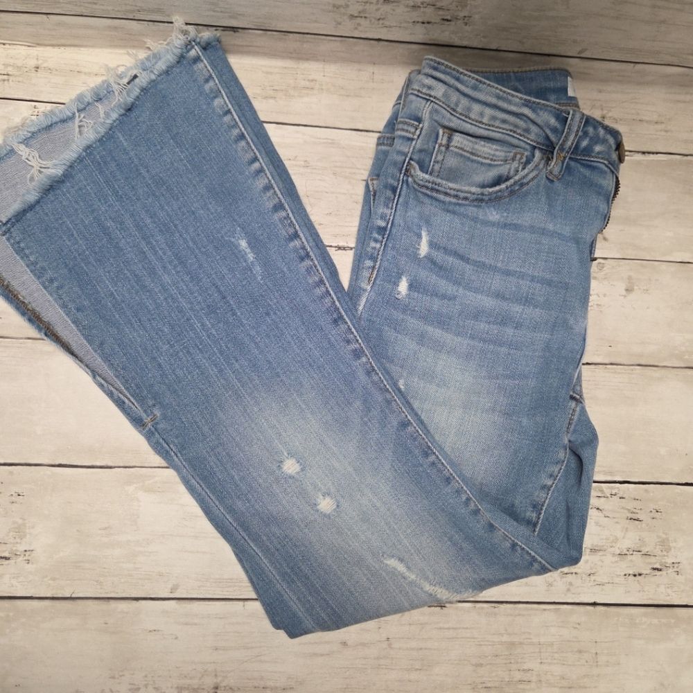Flying Monkey Mid Rise Flare Stretch Light Wash Jeans Bell Bottom Split Hem Sz25
